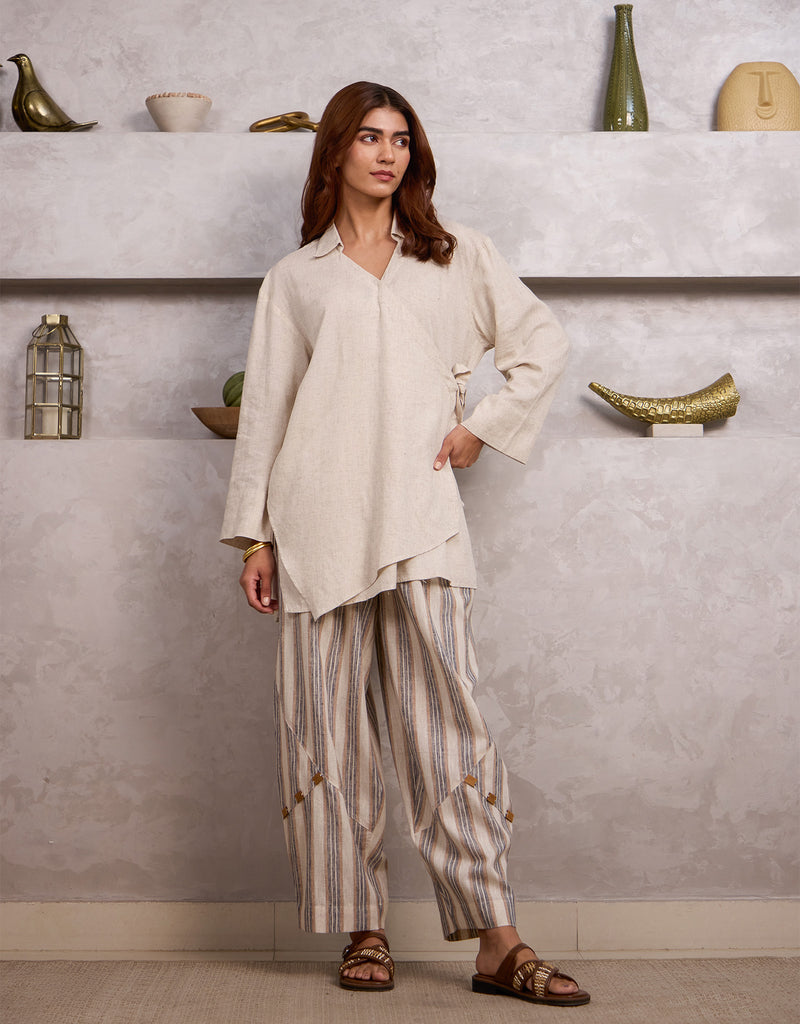 Natural Linen Overlap Top And Barrel Pants