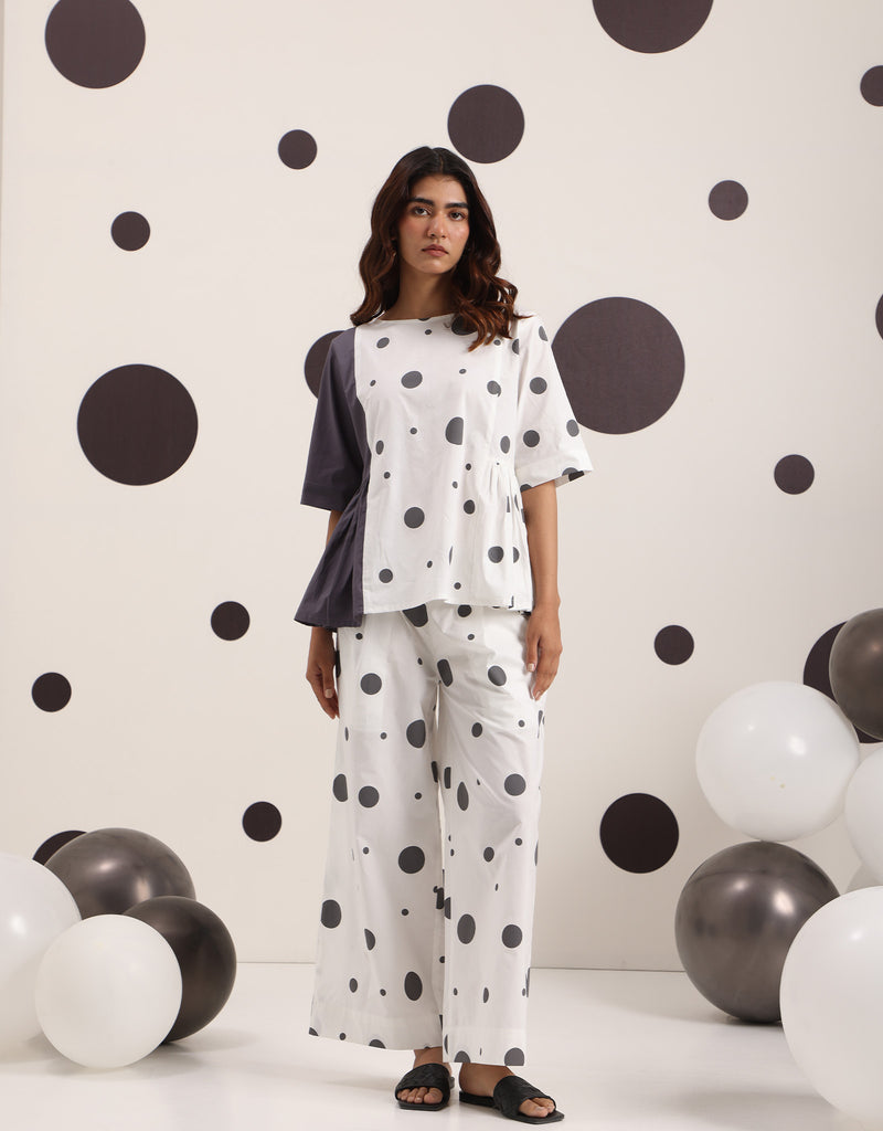 White Grey Polka Panelled Top & Pants