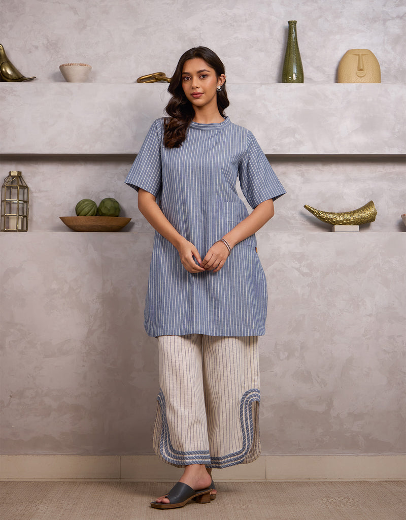 Blue Stripe Side Button Tunic And White Stripe Pants