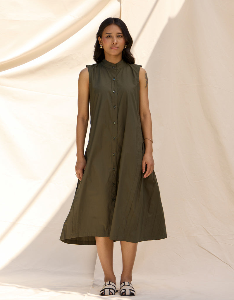 Olive Dress With Back Pleats