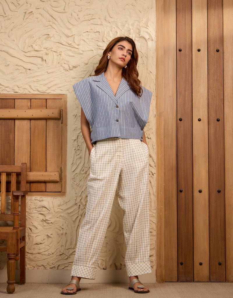 Blue Stripe Blazer Top And Pleated Checkered Pants