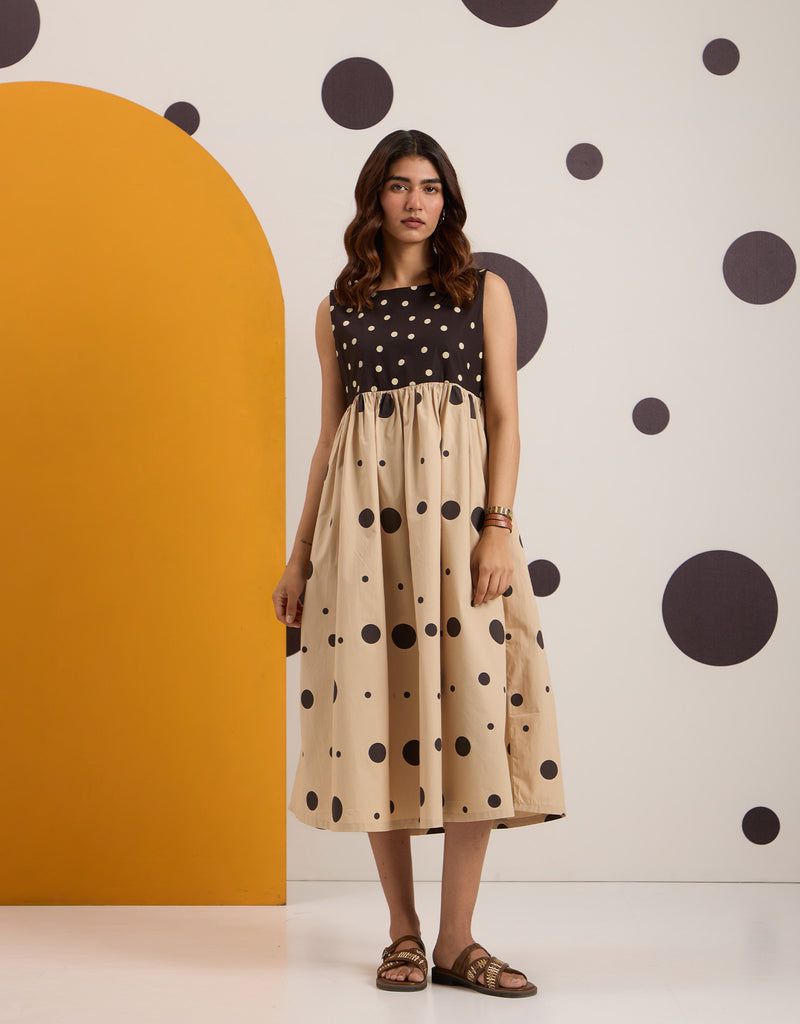 Brown Beige Polka Gathered Dress