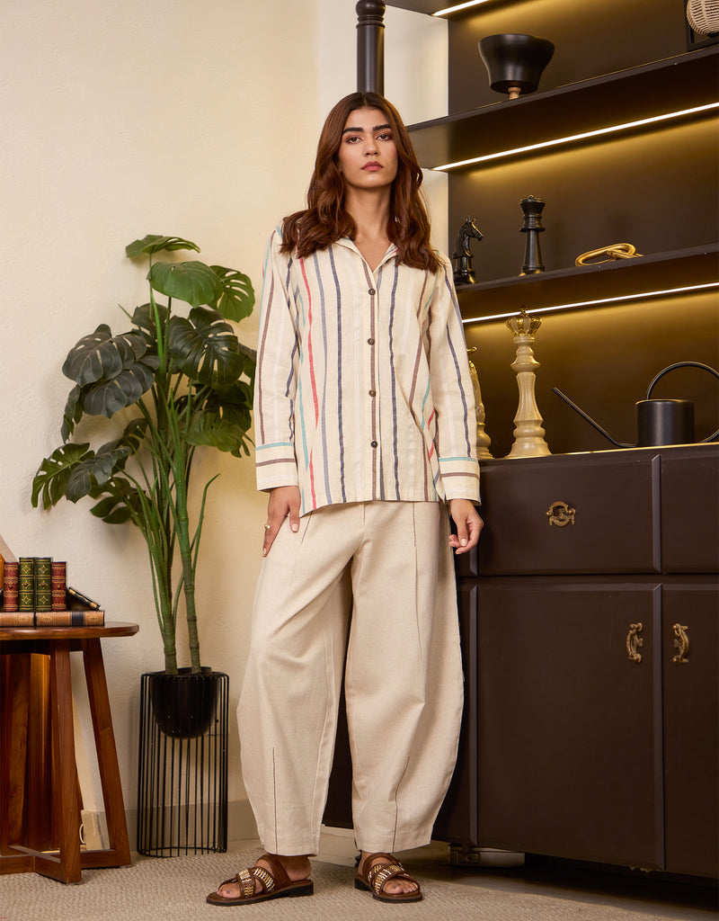 Multi-Hued Round Hem Shirt And Ecru Barrel Pants