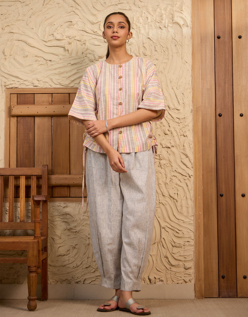 Multi-hued Draw-string Top And Blue Pinstripe Pleated Hem Pants