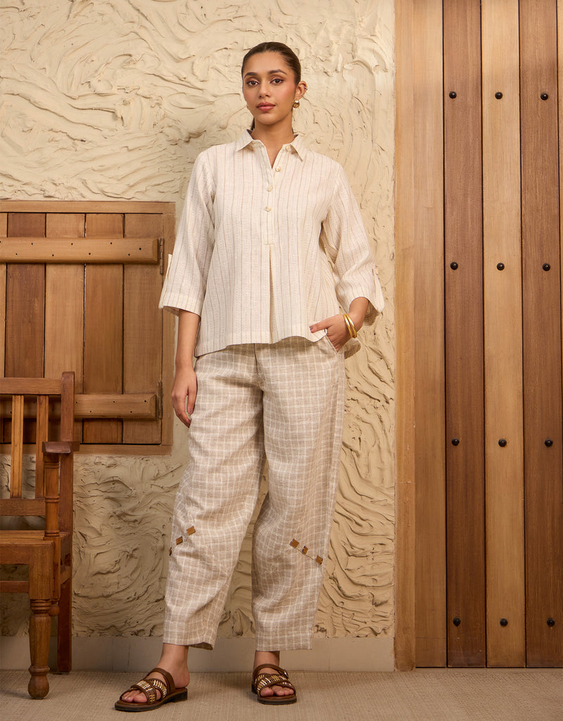 Ecru Box Pleat Shirt And Checkered Barrel Pants