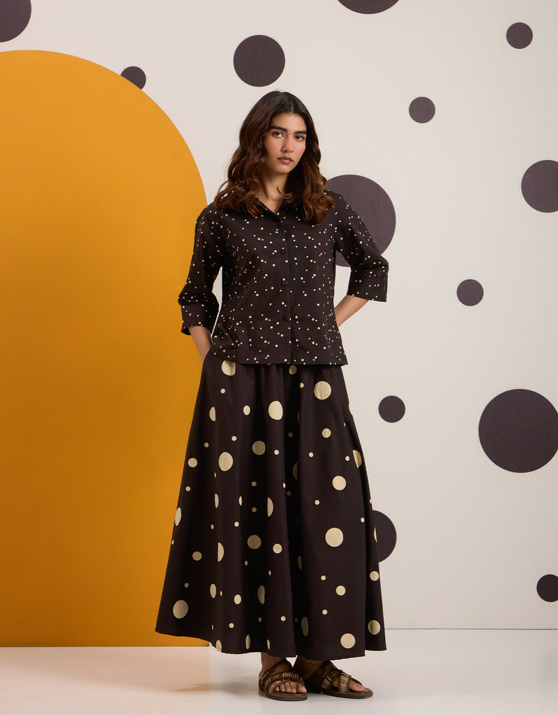 Brown Beige  Polka Shirt & Skirt Set
