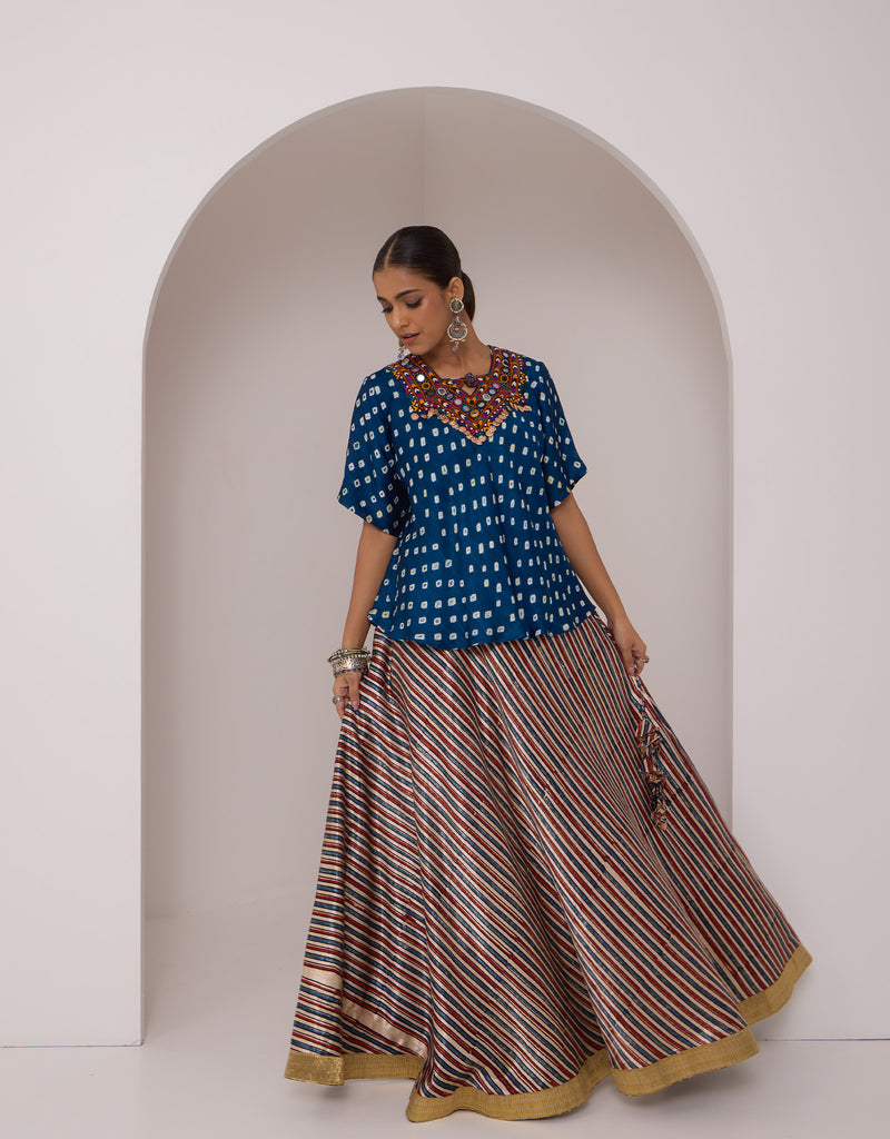 Bandhani Top And  Ajrakh Lehenga Set