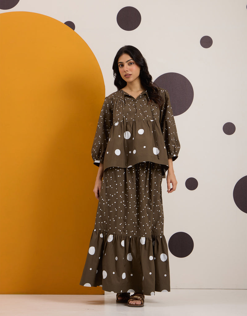 Olive White Polka Tier Top & Skirt