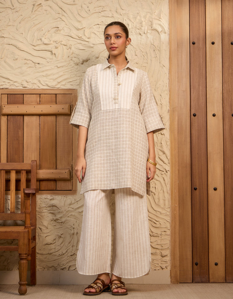 Ecru Checkered tunic And Ecru stripe Pants