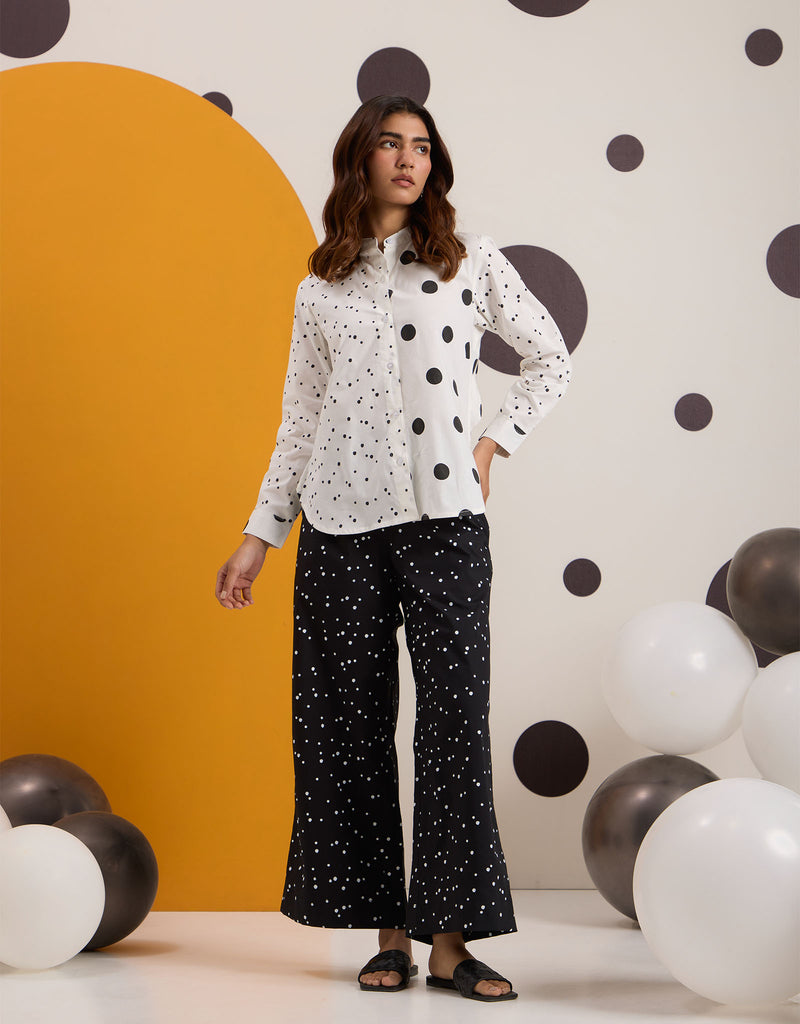 White Black Polka Shirt With Overlap Back & Pants
