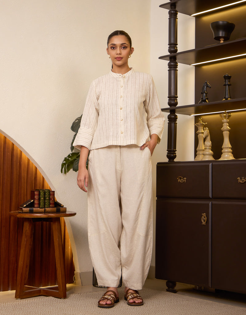 Ecru Shirt Top And Natural Linen Barrel Pants