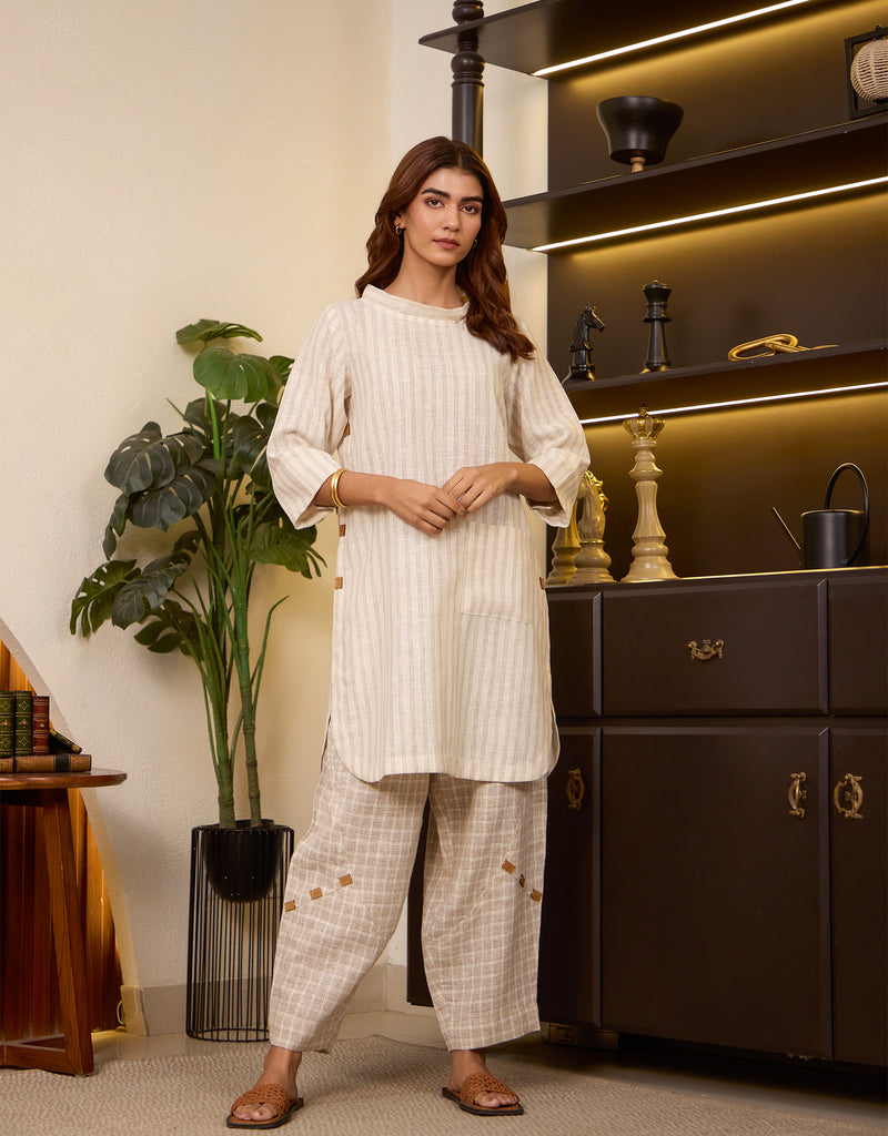 Ecru Stripe Side Button Tunic Beige Checkered Panelled Barrel Pants