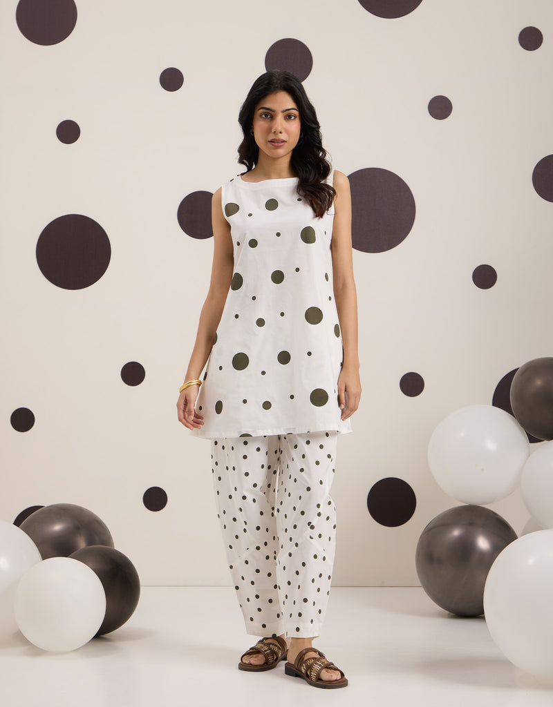 White Olive Polka Tunic And Barrel Pants