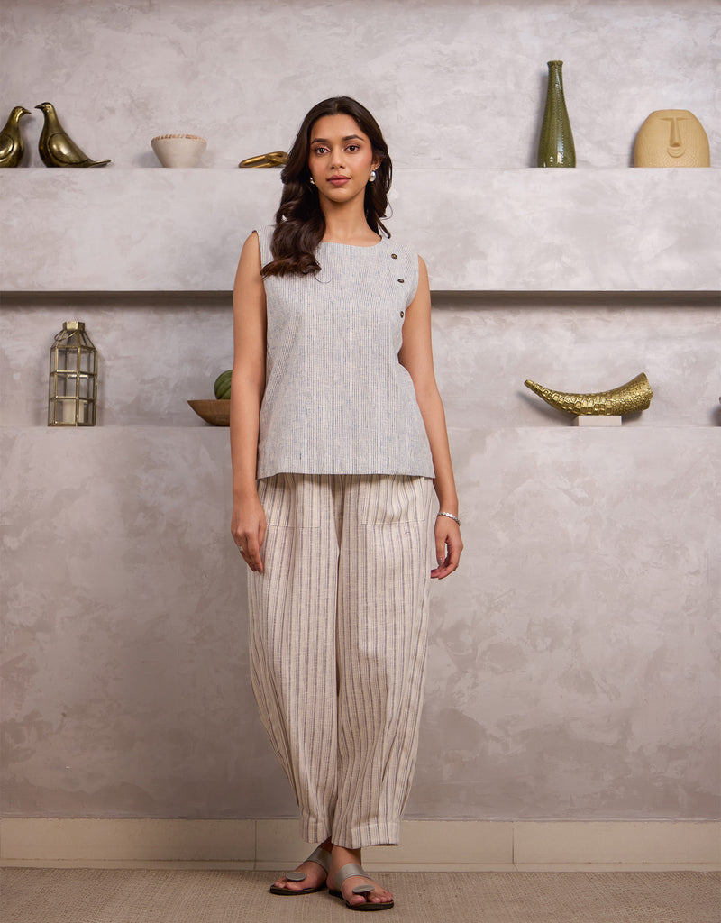 Blue Side Button Top And Gray Pleated Hem Pants