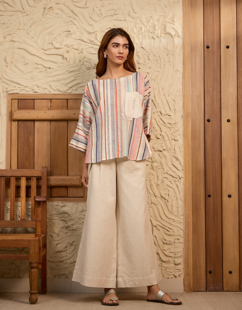 Multi-hued Boxy Top And Natural Linen Side Overlap Pants