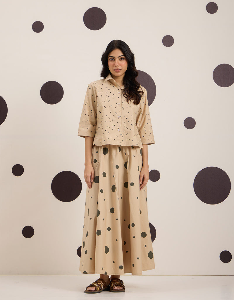 Beige Olive Polka Shirt & Skirt Se