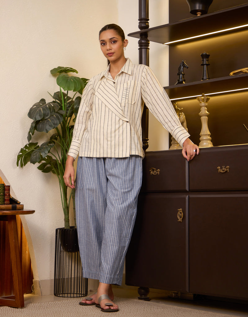 White Stripe Overlap Shirt And Blue Stripe Pants