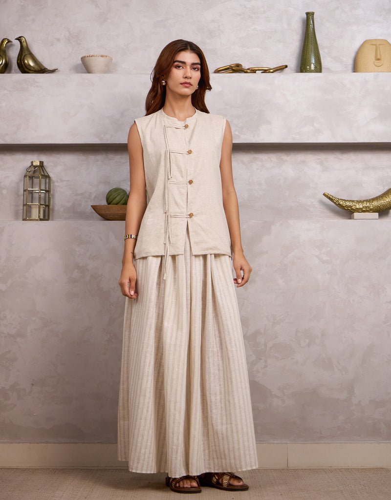 Natural Linen Tie Top And Ecru Stripe Skirt