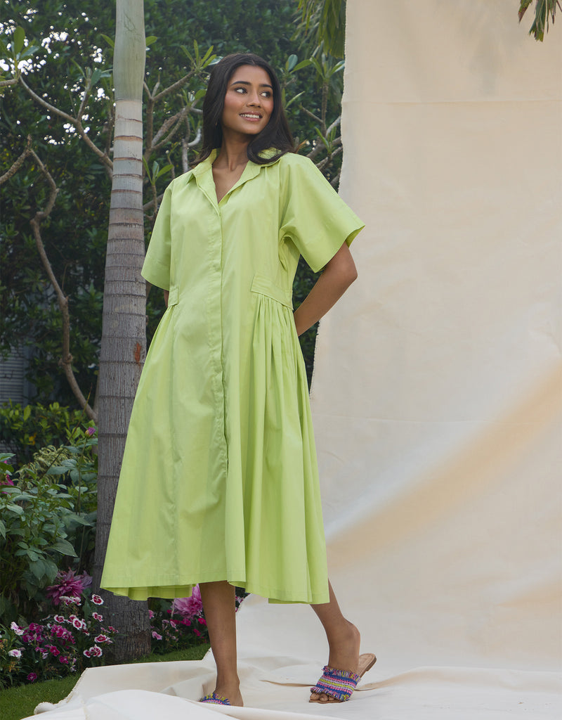 Kiwi Green Gathered Waistline Dress