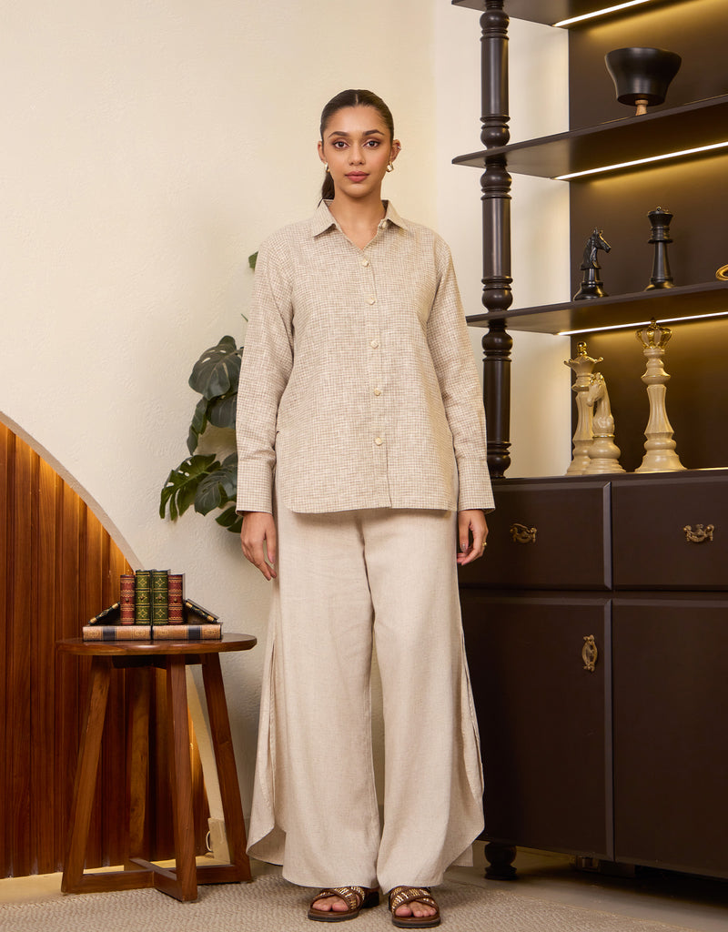 Beige Round Hem Shirt And Beige Slit Pants