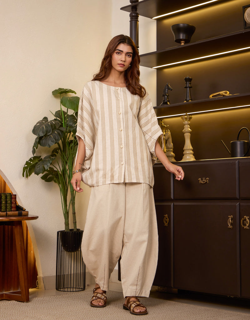 Ecru Circular Button Down Top & Beige Barrel Pants