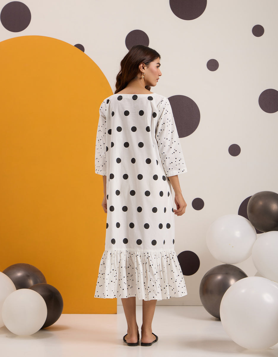 White Frill Dress With Black Polka – Sheenam