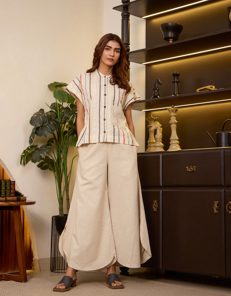 Multi-hued Box Top With Natural Linen Round Hem Pants