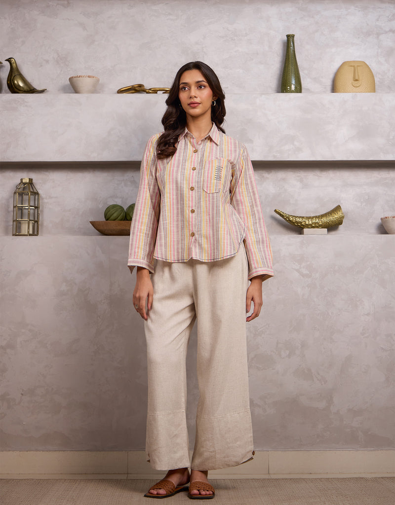Multi-hued Overlap Back Shirt And Natural Linen Pants