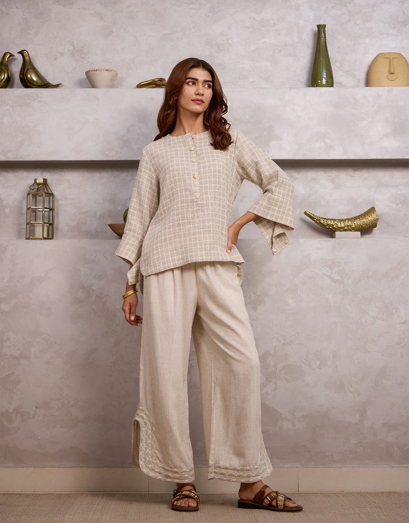 Ecru Checkered Top & Natural Linen Pants