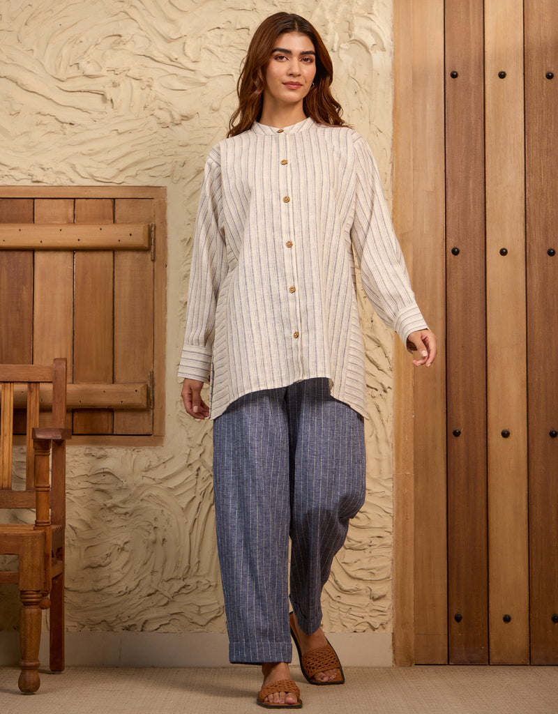 Blue Gray Stripe Shirt With Blue Linen Pants