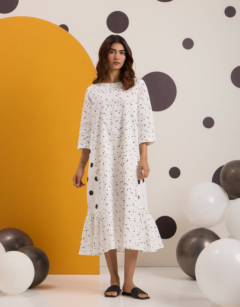 White Frill Dress With Black Polka
