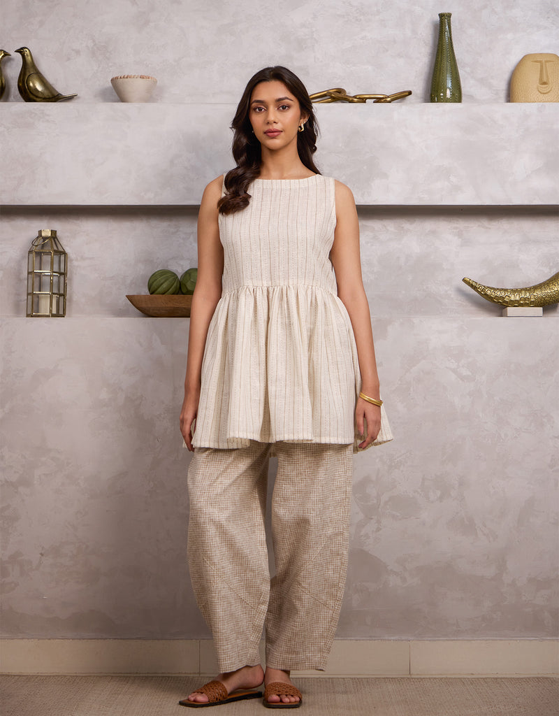 Ecru Top And Beige Checkered Barrel Pants