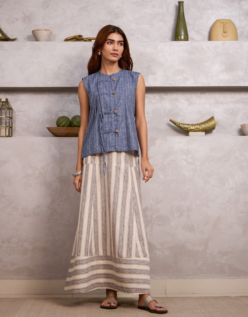 Blue Tie Top And  Blue/Brown Panelled Skirt