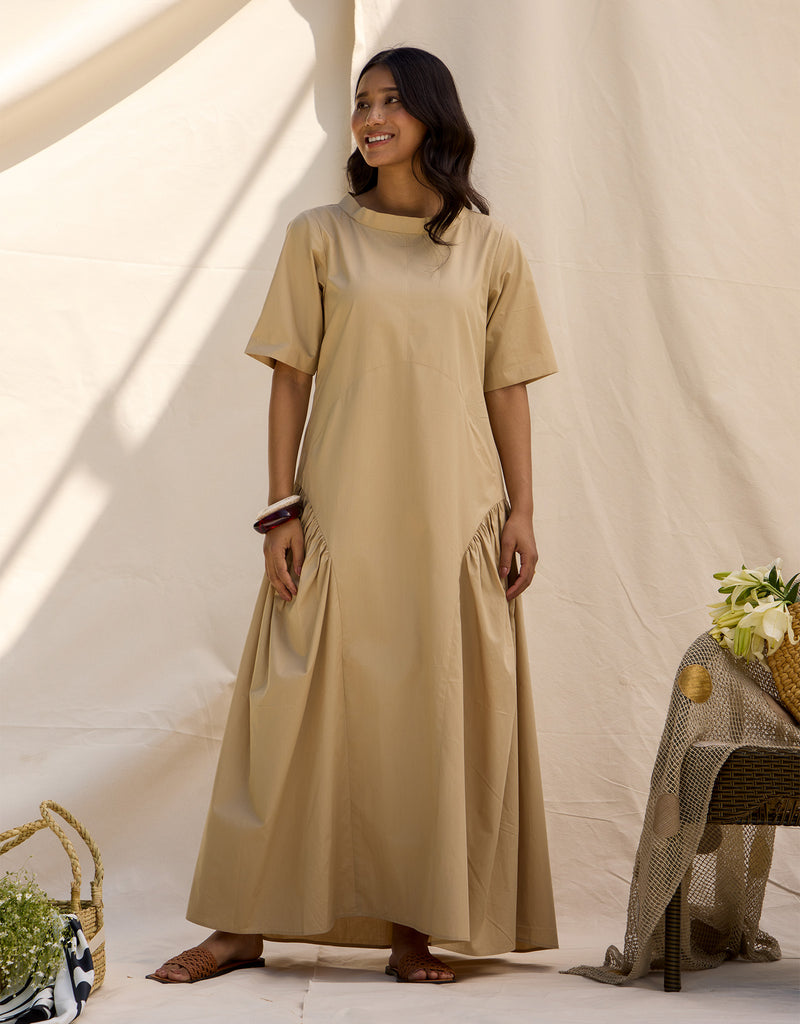Beige Long Side Gathered Dress