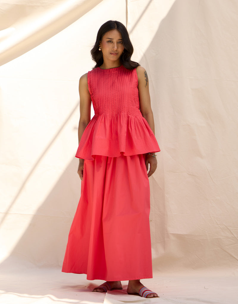 Coral Peplum Top And Skirt
