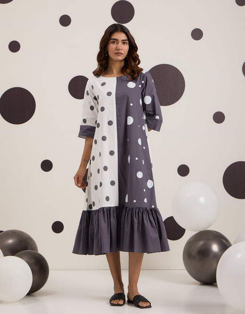 Grey White Polka Frill Dress