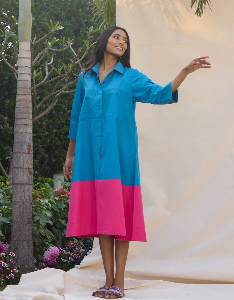 Capri Blue And Fuchsia Color Blocked Dress