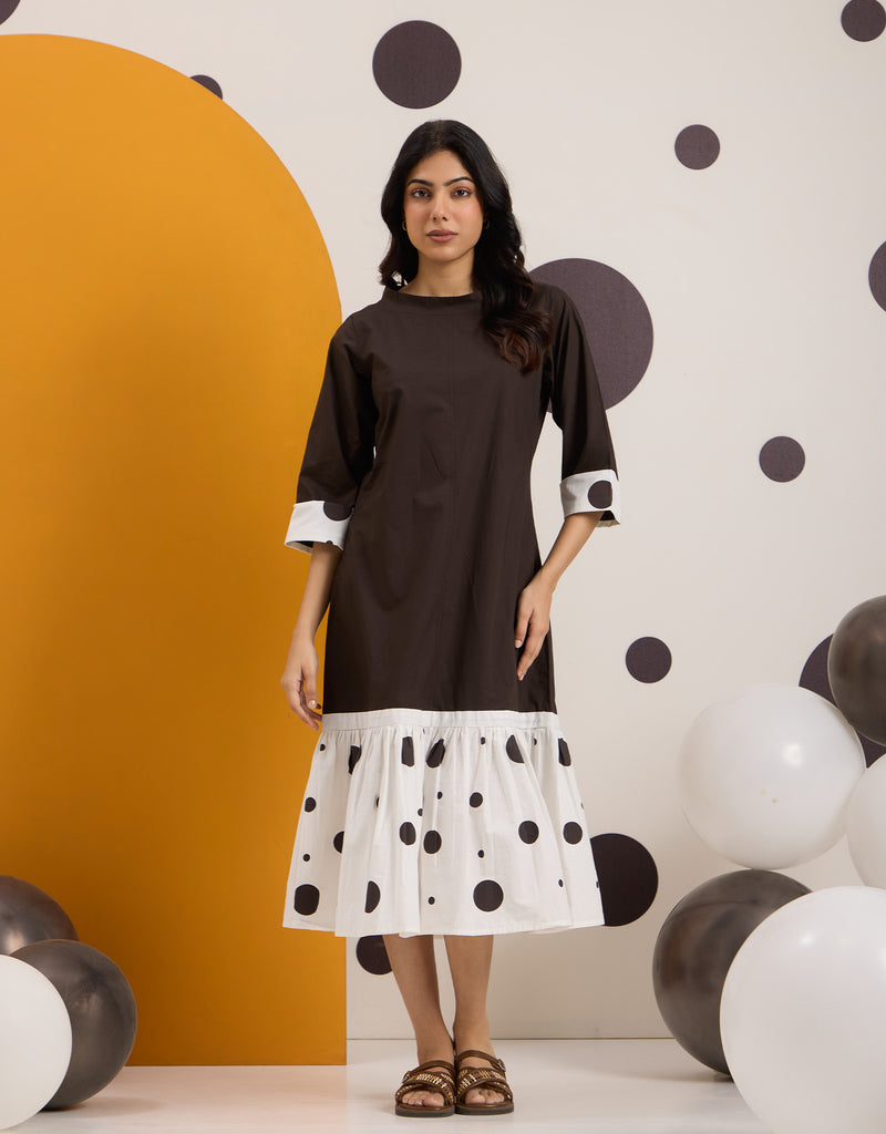 Brown & White Polka Frill Dress