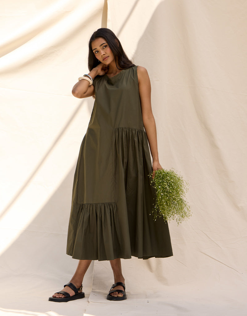 Olive Asymmetrically Gathered Dress